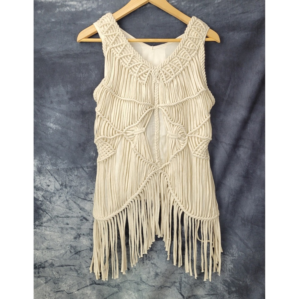 Greylin Fringe Shirt Women's SZ S  Boho Crochet  Breeze Top Cream Festival Style